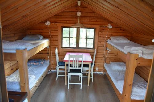 מיטה או מיטות קומותיים בחדר ב-Svinö Camping Lodge