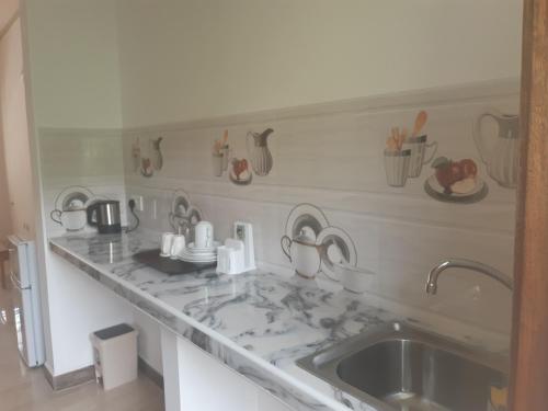uma cozinha com um lavatório e uma bancada em La Residence D'Almee Guesthouse em Praslin
