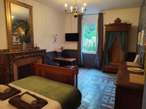 a bedroom with a bed with a fireplace and a window at La Scierie in Quillan
