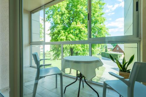 ein Zimmer mit einem Tisch und Stühlen vor einem Fenster in der Unterkunft Park apartment in Druskininkai