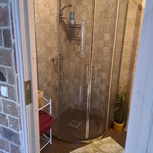 a shower with a glass door in a bathroom at Tagalahe Apartment in Haapsalu