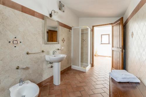 een badkamer met een wastafel, een toilet en een douche bij Apartment Marcigliana Front Pool Radicondoli, Siena in Radicondoli