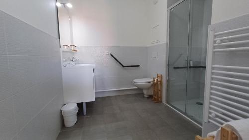 La salle de bains blanche est pourvue d'une douche et de toilettes. dans l'établissement Résidence Montana Clamart, à Clamart