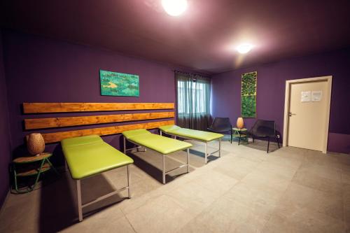 a waiting room with green chairs and purple walls at Hotel Kaštieľ Mojmírovce in Mojmírovce