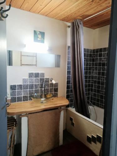 une salle de bain avec un lavabo et une baignoire dans l'établissement Maison en pleine montagne et nature, à Campan