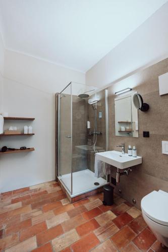 a bathroom with a shower and a sink and a toilet at Hotel Kloster Fischingen in Fischingen