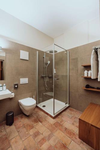 a bathroom with a shower and a toilet and a sink at Hotel Kloster Fischingen in Fischingen