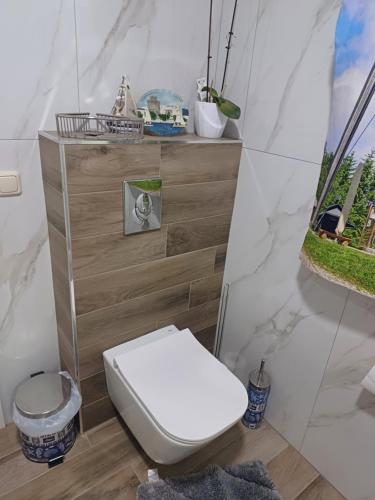 ein Bad mit einem weißen WC in einem Zimmer in der Unterkunft Zwergendorf in Chaïdeftón