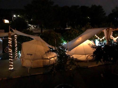 Algumas tendas são iluminadas à noite em Camping Tents with Garden Hanging Bed em Porto Rafti
