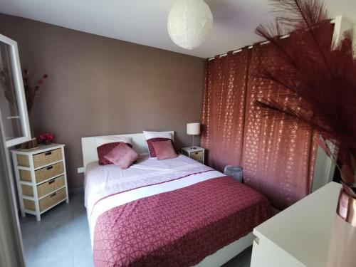 - une chambre avec un lit et une couette rose dans l'établissement Appartement moderne 6 personnes terrasse et jardin, à Castelnau-le-Lez