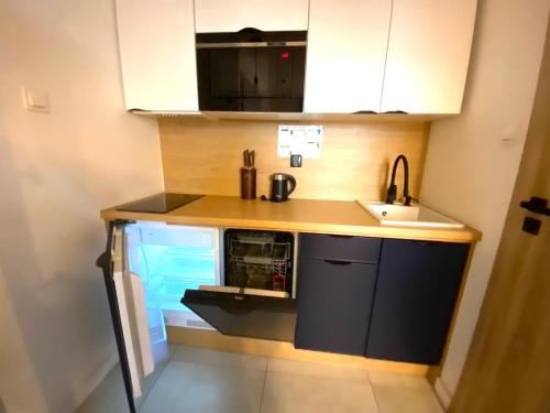 a small kitchen with a sink and a microwave at Leśne Apartamenty - Pokój Niebieski in Hel