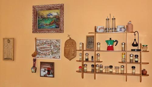 a wall with shelves with bottles on it at Belvárosi Erdész-lak Sopron in Sopron
