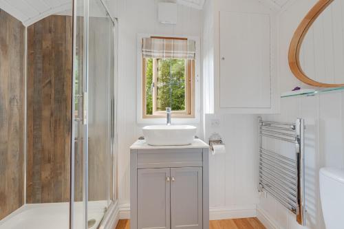 uma casa de banho branca com um lavatório e um chuveiro em Woodpecker Hill - apple orchard in Alfriston em Alfriston