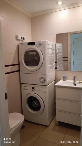 a bathroom with a washing machine and a sink at The Apartment in Gran Tarajal