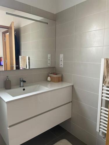 W białej łazience znajduje się umywalka i lustro. w obiekcie Appartement T2 avec jardin w mieście Lucciana