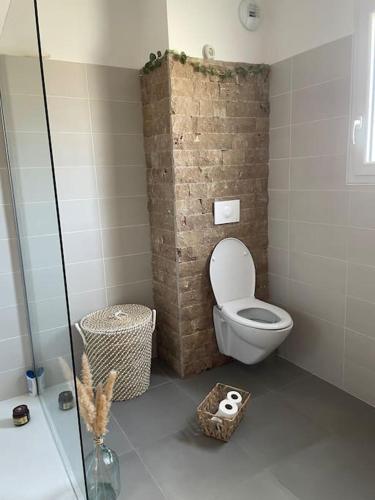 W łazience znajduje się toaleta i przeszklony prysznic. w obiekcie Appartement T2 avec jardin w mieście Lucciana