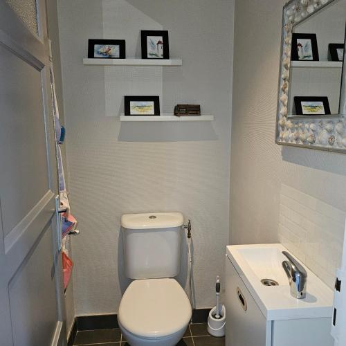 a bathroom with a white toilet and a sink at Charmante maison bretonne vue mer proche des plus belles plages in Landéda