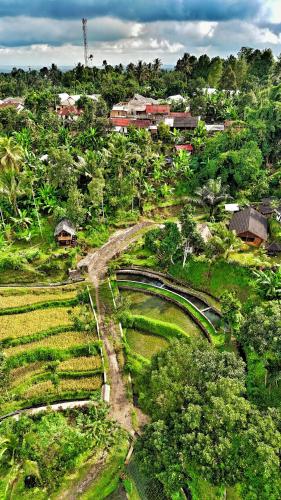an aerial view of a village with a train tracks at The Alam Bungalow & Restaurant in Tetebatu