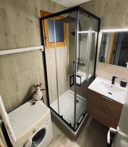 une salle de bain avec douche et lavabo dans l'établissement Appartement Laline, à Valmorel