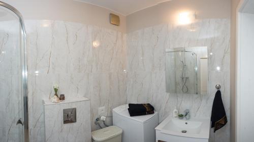uma casa de banho com um WC, um lavatório e um chuveiro em Mieszkanie Zielony Targówek em Varsóvia
