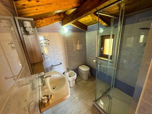 La salle de bains est pourvue de toilettes, d'un lavabo et d'une douche. dans l'établissement Tramonti d'Oro, à Caprioli