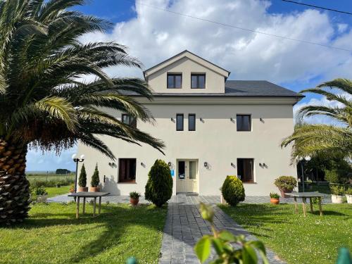 a large white house with palm trees in front of it at Hotel Mi Norte in Ribadeo