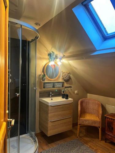 une salle de bain avec douche et lavabo dans l'établissement Appartement le paradis sauvage, à Boulogne-sur-Mer