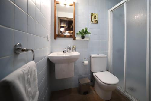 ein Badezimmer mit einem WC, einem Waschbecken und einem Spiegel in der Unterkunft Piedra Andadera II in Salduero