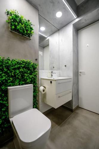 a bathroom with a white toilet and a green plant at Northern Horizon in Voluntari
