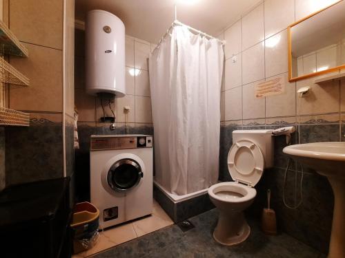 a bathroom with a toilet and a washing machine at Luccia Apartments - Ohrid City Centre in Ohrid