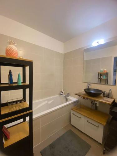 une salle de bain avec une baignoire et un lavabo dans l'établissement Appartement charmant à 10 minutes des plages, à Châteauneuf-les-Martigues