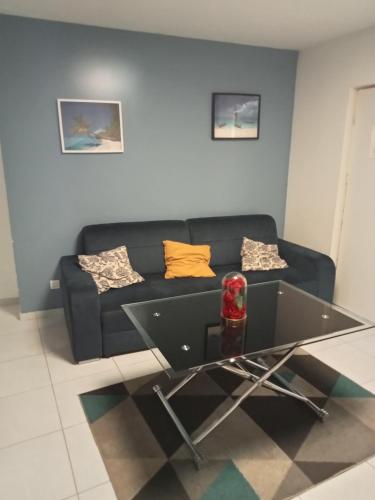 a living room with a couch and a glass table at WIFI - PARKING - SUPERBE T3 SPACIEUX ET MODERNE!!!! in Saint-Denis