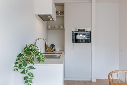 eine Küche mit weißen Schränken und einer Pflanze in der Unterkunft Comfortable apartment near the sea in Knokke-Heist