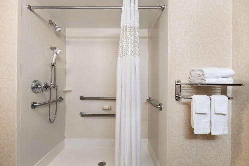 a bathroom with a shower curtain and towels at Hampton Inn Warrenton, Va in Warrenton