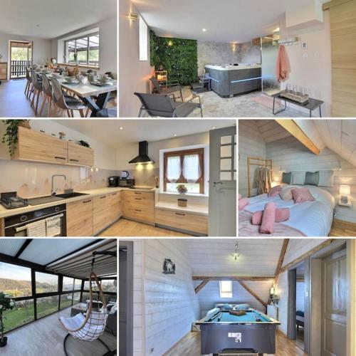 un collage de trois photos d'une chambre et d'une salle de bains dans l'établissement La Fermette des Vallons - Jacuzzi - Billard, à Geishouse