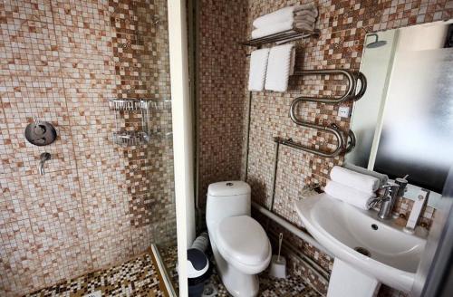 2 immagini di un bagno con servizi igienici e lavandino di КZO a Shymkent