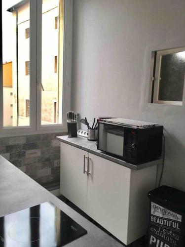une cuisine avec un four micro-ondes au-dessus d'un comptoir dans l'établissement Sylvie's home, In Panier, Vieux Port in Marseille, à Marseille