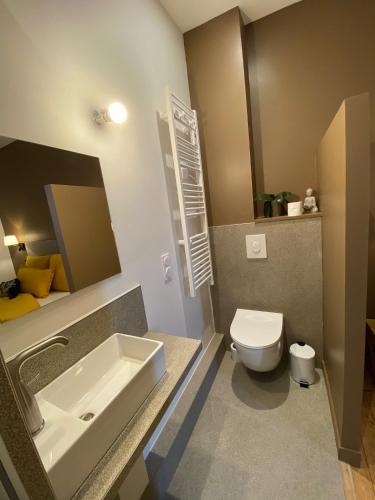 a bathroom with a white toilet and a sink at La Hacienda Verde in Saint-Jouan-des-Guérets