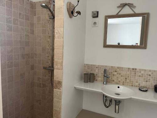 une salle de bain avec un lavabo et une douche avec un miroir dans l'établissement villa pres des dunes, à La Couarde-sur-Mer