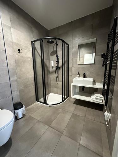 a bathroom with a shower and a sink at Hotel Kapitol in Most
