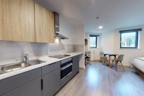 Private Bedrooms with Shared Kitchen, Studios and Apartments at Canvas Wembley in London في لندن: مطبخ مع حوض و كونتر توب