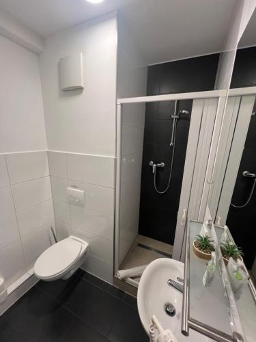 a bathroom with a shower and a toilet and a sink at Pension Zwei A in Leverkusen