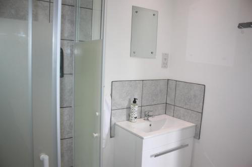Baño blanco con lavabo y espejo en The Lodge en Newcastle Emlyn