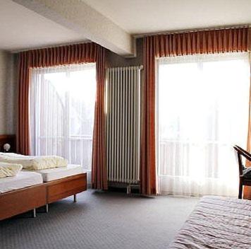 1 dormitorio con 2 camas y 2 ventanas grandes en Hotel zum Roten Löwen, en Hildisrieden