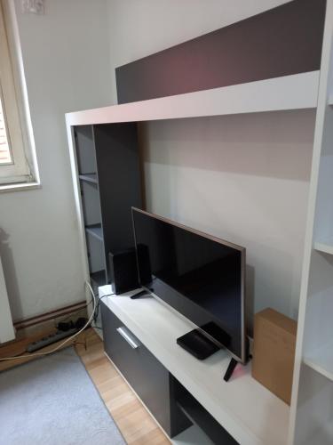 salon z telewizorem z płaskim ekranem na półce w obiekcie Apartman Vuk 1 w mieście Rospi Ćuprija