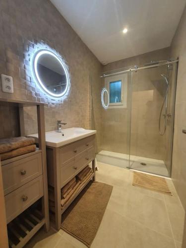 une salle de bain avec un lavabo et une douche dans l'établissement Gite de Charme des 3 Allures, à Serley