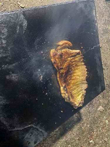 a piece of meat sitting on a black plate at Camping Lisna in Vau i Dejës