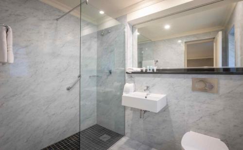 uma casa de banho com um lavatório e uma cabina de duche em vidro. em Albany House em Dublin