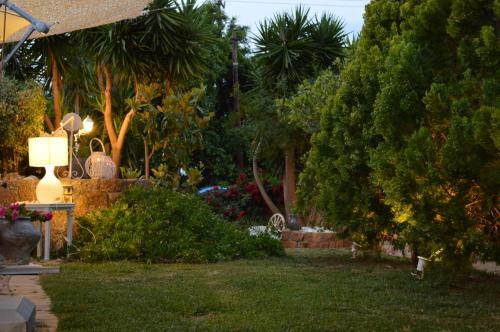 a garden with plants and trees and a lamp at Nikos Apartments in Stalida