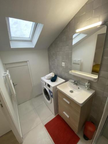 une salle de bain avec une machine à laver et un lavabo dans l'établissement Nouveau - Maisonnette 4 pers., à Blois